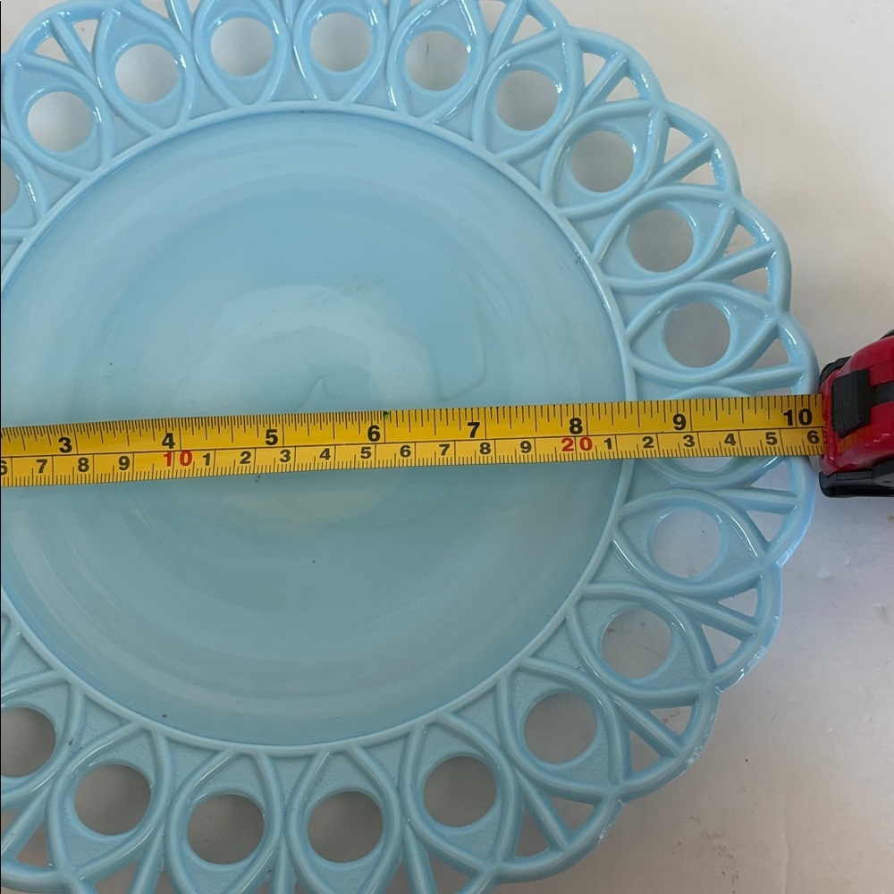 Challinor & Taylor blue milk glass slag glass 8” and 10” scroll and eye plates - Picture 8 of 14